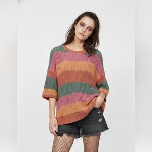 NWT Natural Reflections Rainbow Striped Sweater Short Sleeve Boho Granola S
